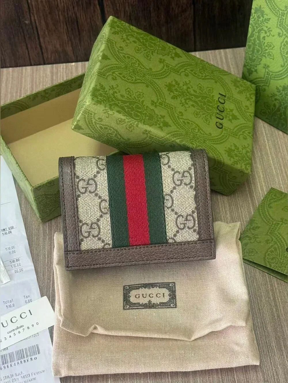 Gucci GG Supreme Canvas Mini Wallet with Web Stripe